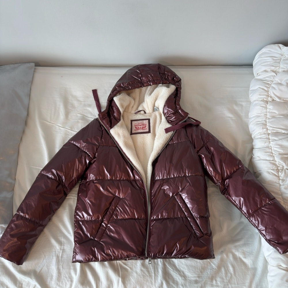 Superdry Maroon Puffer Jacket with Cream Lining